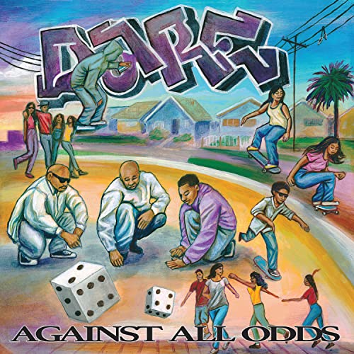 Album cover: people skateboarding, playing dice, and hanging out in a neighborhood.