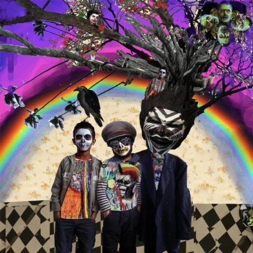 The image depicts a CD cover featuring three men with painted faces.