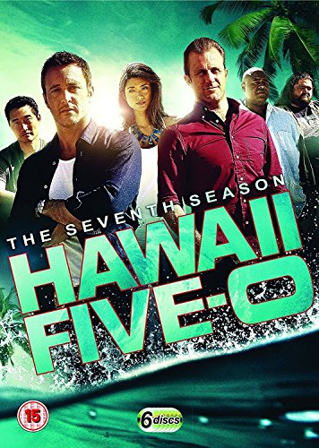 "Hawaii Five-0 Season 7 DVD cover featuring main cast against a tropical green background."