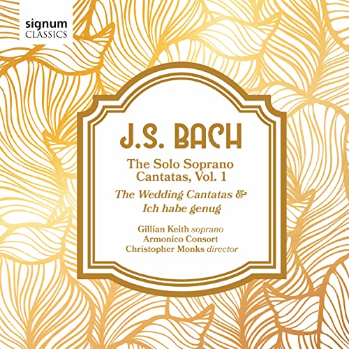 CD cover for Bach’s “The Solo Soprano Cantatas, Vol. 1” with gold design.