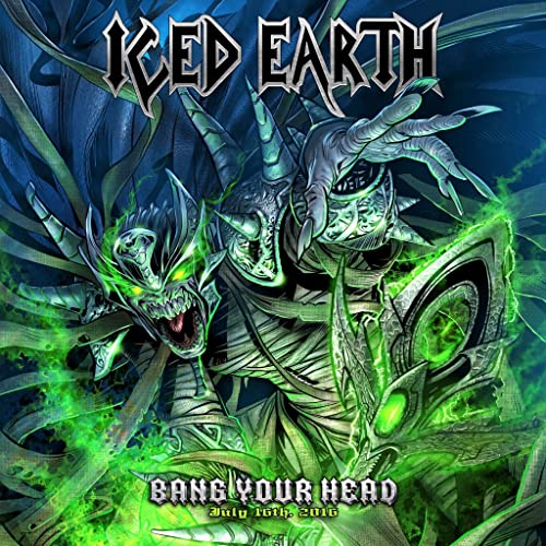 Iced Earth album cover: demonic figure with glowing green eyes and text.