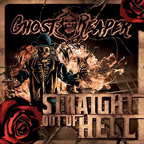 Album cover showing a skeleton cowboy with guns in flames, red roses, and text.