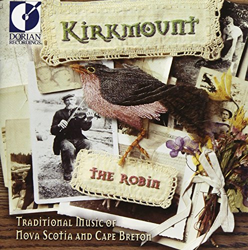 The image is a CD cover for "Kirkmount - The Robin" with a sepia-toned collage. A suitable alt text could be: "CD cover with robin, old photos, and lace, on a wooden surface."