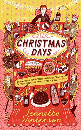 "Illustrated book cover of 'Christmas Days' by Jeanette Winterson, featuring a festive red table scene."