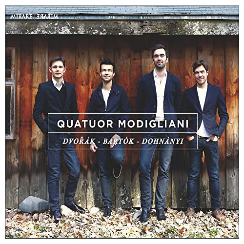 CD cover featuring the Modigliani Quartet standing in front of a wood wall.