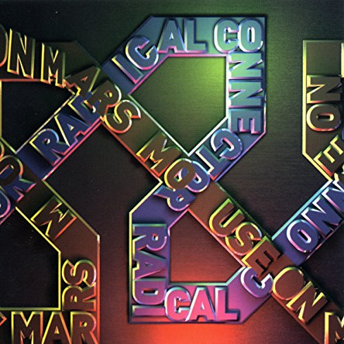 Album cover with repeating, colorful, distorted text on a gradient background.