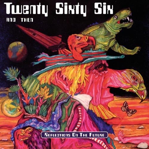 "Album cover art featuring colorful, fantastical creatures and planets against a dark background."