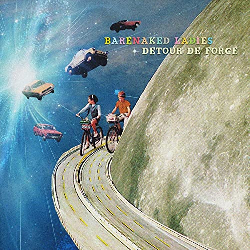 "Album cover art: two cyclists on a curved road with cars flying by."