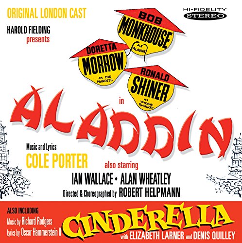 "CD cover with red and yellow text, featuring 'Aladdin' and 'Cinderella' in bold letters."