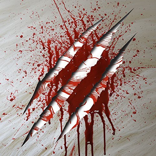 The image depicts a CD cover with four sharp, claw-like objects and red splatters. Alt text: Four sharp claws with red splatter on a white background.