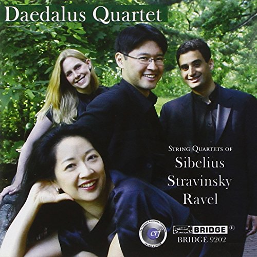 "CD cover featuring the Daedalus Quartet, four musicians, in a natural setting."