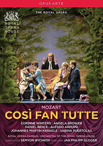 DVD cover for Mozart's "Cosi Fan Tutte" featuring a scene of five people on a bench.