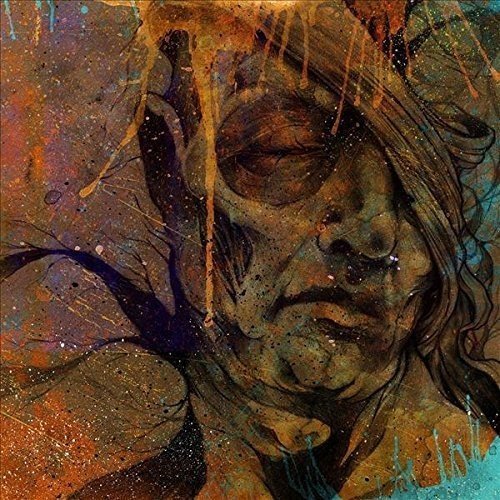 A haunting, abstract portrait of a woman with dark, muted colors and paint splatters.