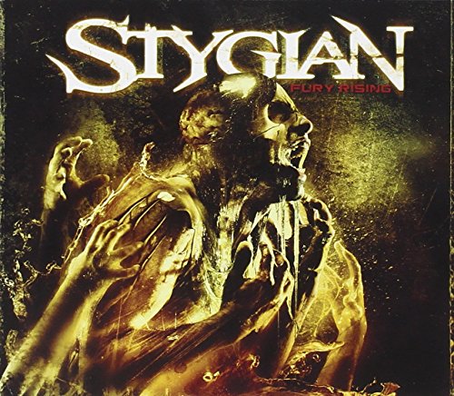 CD cover for Stygian’s “Fury Rising” featuring a distressed figure in flames.