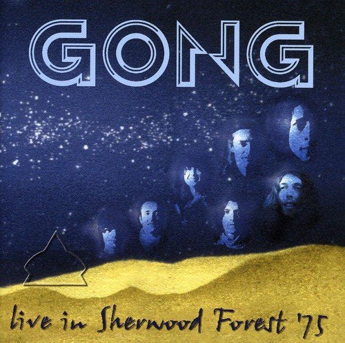 "CD cover art with band members' faces in a desert under a starry sky."