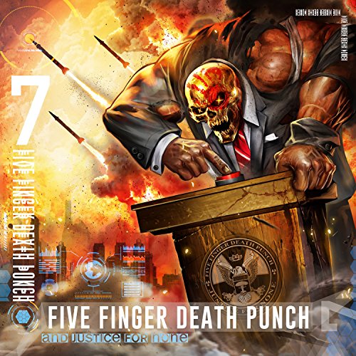 "Album cover art featuring a muscular man in a suit with a skull face."