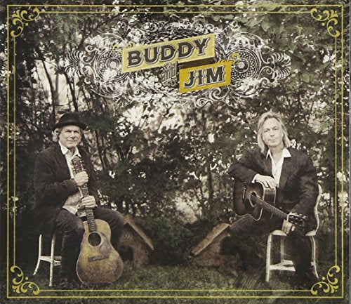 "Album cover featuring sepia-toned image of two men with guitars, ornate gold border."