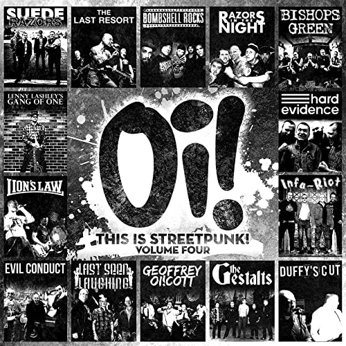 Black and white collage of punk bands, with large "Oi!" text.