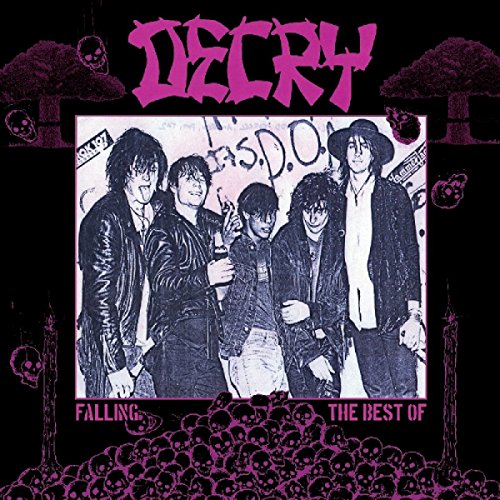"Black and white band photo on a black album cover with pink accents and skulls."