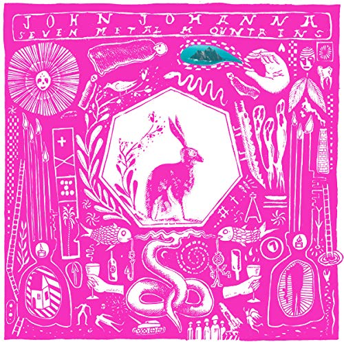 Pink album cover with white line art, featuring a hare and snake.