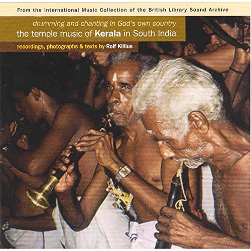 "CD cover featuring men playing instruments, with text describing temple music of Kerala."