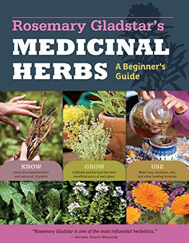 "Book cover with title 'Rosemary Gladstar's Medicinal Herbs' and images of herbs and hands."