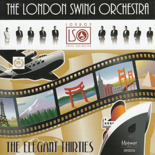 "CD cover with film strip, plane, and global landmarks in vintage style."