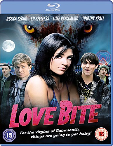 Love Bite" Blu-ray cover featuring a woman, two men, and a werewolf’s face.
