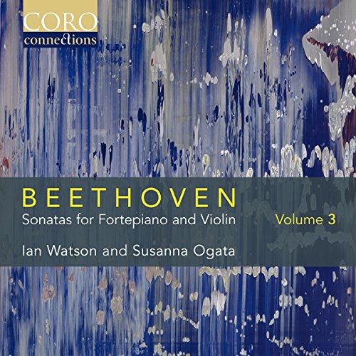 "CD cover with abstract blue and white background, featuring Beethoven sonatas by Ian Watson and Susanna Ogata."