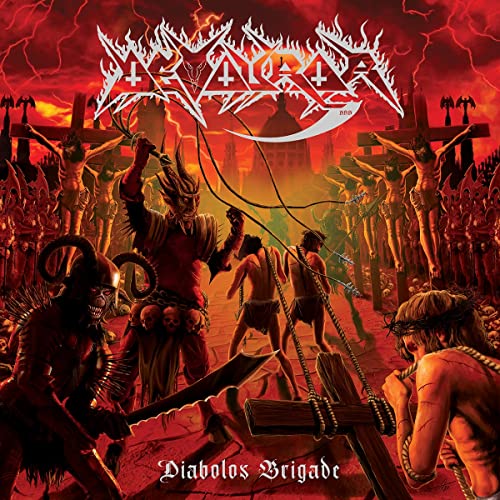 Dark fantasy album cover depicting demonic figures and crucifixion scenes.