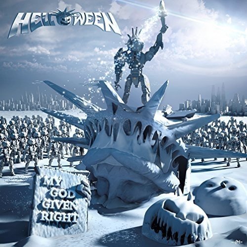 Helloween album cover: robotic figure in a snowy, futuristic cityscape.