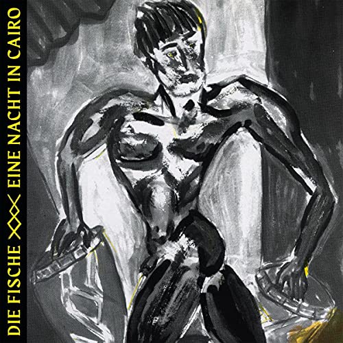 "Album cover with a black and white painting of a man holding glasses."