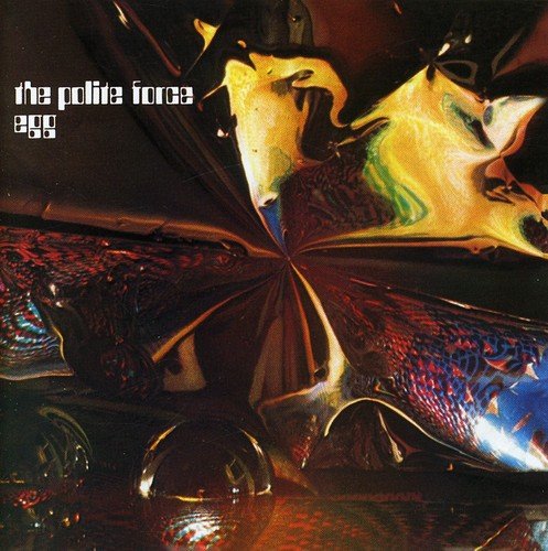 "Album cover with abstract, reflective, metallic shapes and text 'the polite force egg'."