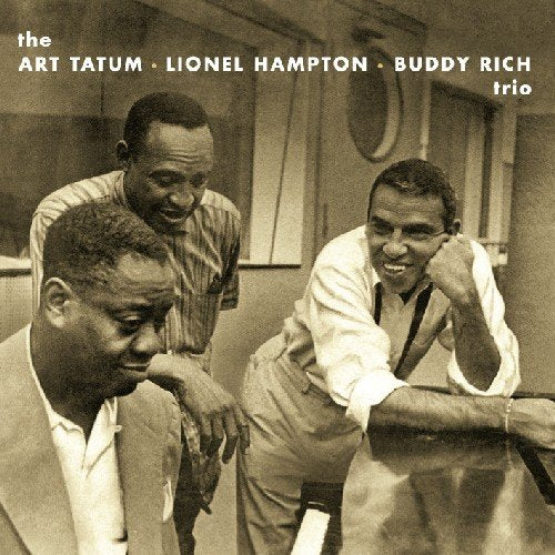 Sepia-toned photo of three jazz musicians: Art Tatum, Lionel Hampton, and Buddy Rich.