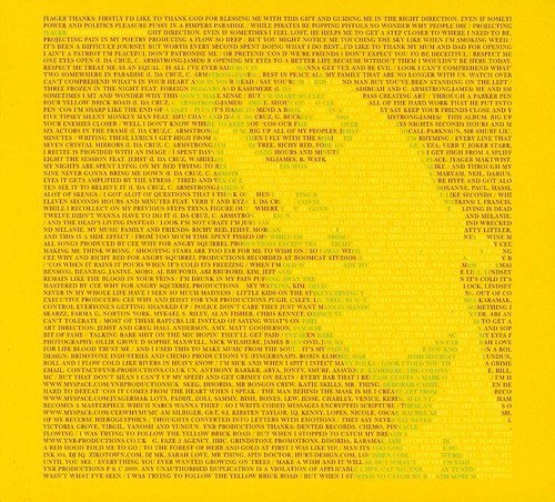 The image is a bright yellow background with small black text. Alt text: Bright yellow background with small black text, likely a CD booklet or liner notes.