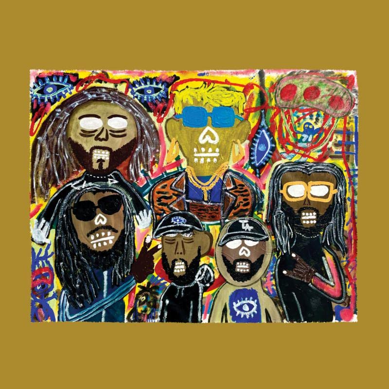 Painted group portrait of six figures with stylized, expressive faces.