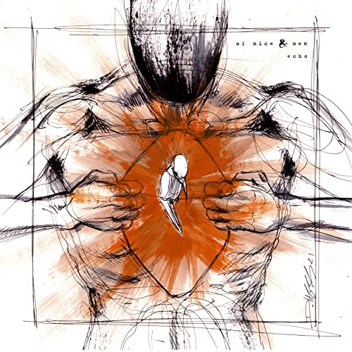 Sketch of hands cradling a bird within an orange, radiating shape.