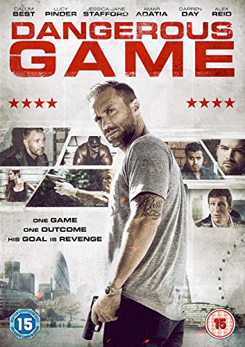 "DVD cover for 'Dangerous Game' featuring a man holding a gun, with cityscape."