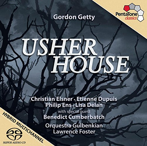 "CD cover with 'USHER HOUSE' title, dark branches, and cloudy sky."