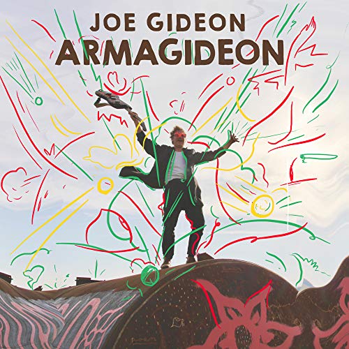 "Album cover featuring a man standing on a vinyl record with abstract colorful lines."