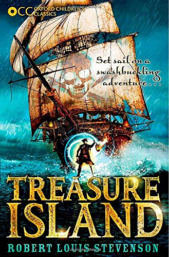 "Book cover of 'Treasure Island' featuring a pirate ship with a skull flag."