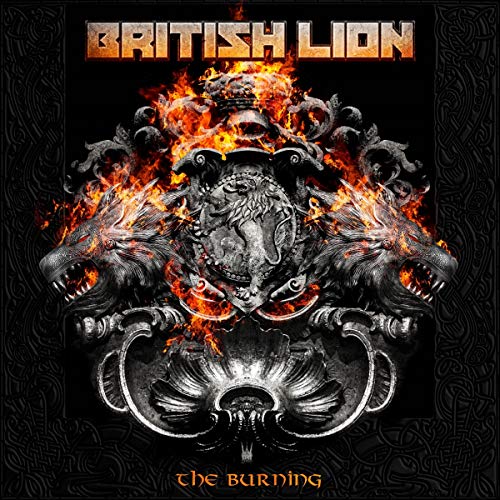 "Album cover with lion's head engulfed in flames, surrounded by Celtic knotwork border."
