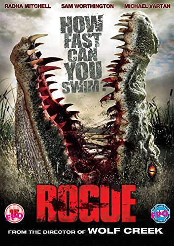 "Movie cover for 'Rogue' featuring a crocodile's open jaws with sharp teeth and blood."