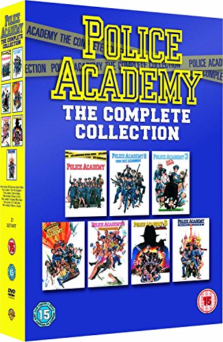 "Yellow DVD cover with 'Police Academy' title, police car, and officer silhouette."