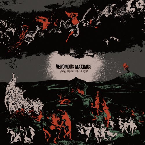 "Album cover art with dark, abstract illustration of figures and volcanic landscape."