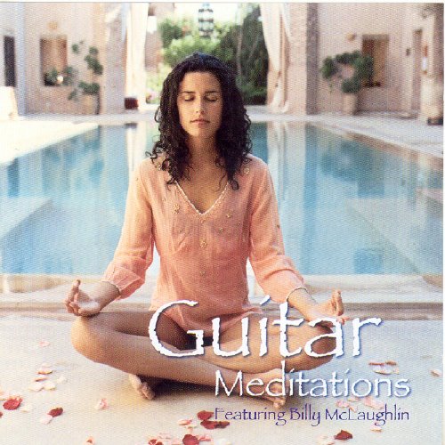 Woman meditating by a pool, with "Guitar Meditations" text on the image.