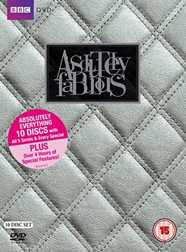 DVD case with "Absolutely Fabulous" title on black square, grey quilted background, and pink sticker.