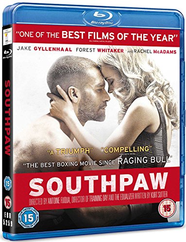 Blu-ray cover for "Southpaw" featuring two people embracing, boxing theme.