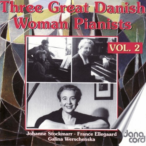 CD cover with three black-and-white photos of women pianists and abstract background design.