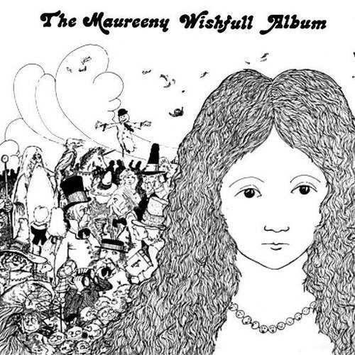Black and white album cover with illustration of a girl and fantastical figures.